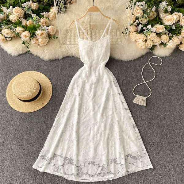 

two piece dress white lace maxi long women summer sleeveless bohemian spaghetti strap criss-cross backless beach holidays elegant