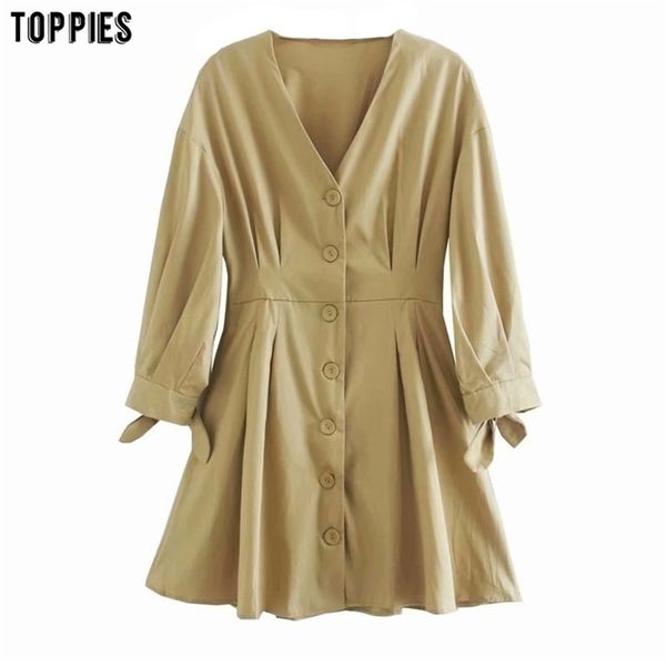

fall khaki v-neck mini dress womens long sleeve slim a-line single breasted 210421, Black;gray
