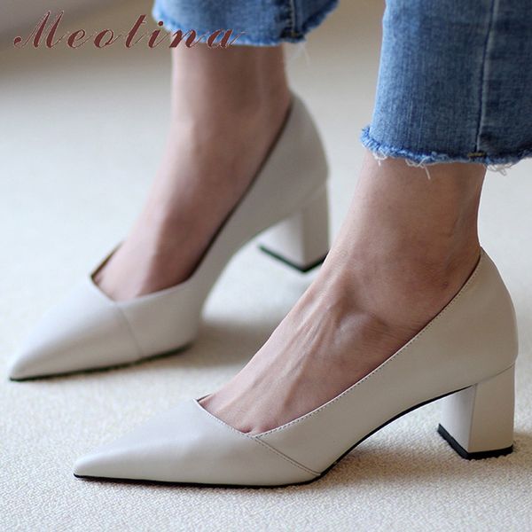 

meotina high heel women pumps genuine leather thick heels office shoes pointed toe shallow female footwear spring white size 40 210520, Black