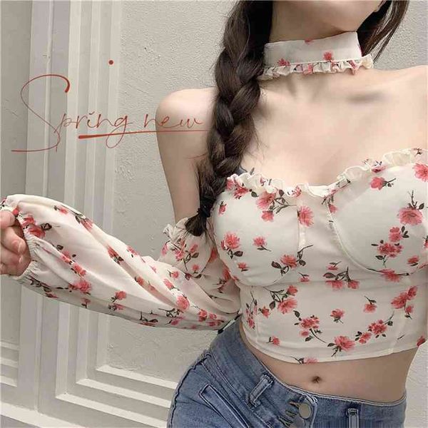 

crushed flower shirt women's hanging neck lantern long-sleeved blouses chic spring and summer slim chiffon 210529, White