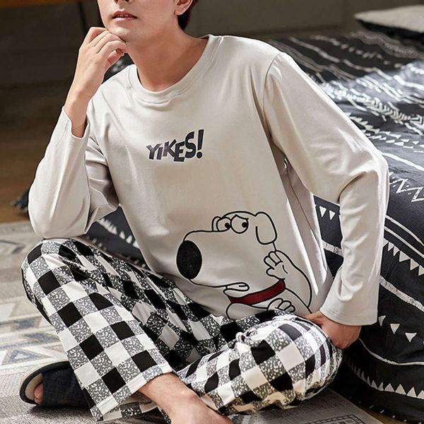 

pajamas spring herf men set nice cartoon print nightwear long mouw male pajamas 2021 new casual pack, Black;brown