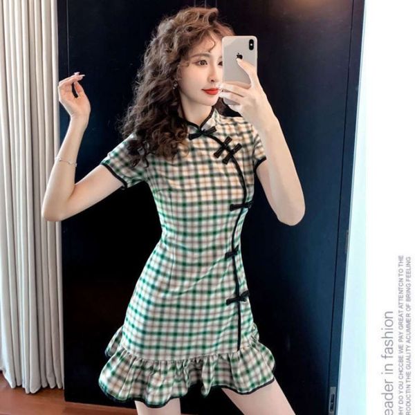 

improved cheongsam young girl's summer chinese style plaid waist ruffle dress, Black;gray