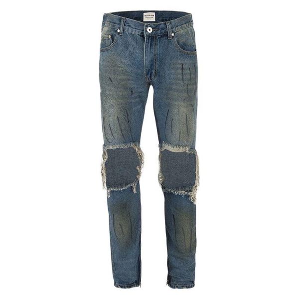

men's stretch retro painted skinny cotton denim jeans pants men ripped fashion washed hole, Blue