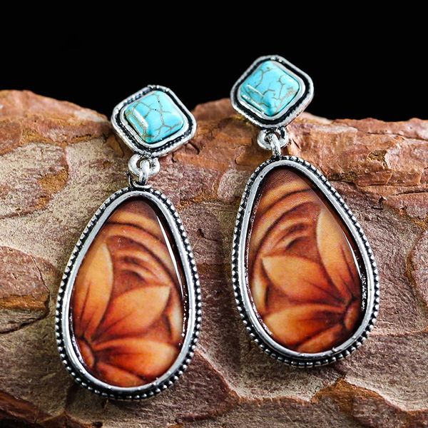 

dangle & chandelier vintage ethnic brown drop earrings for women punk big water stone delicate flower pattern, Silver