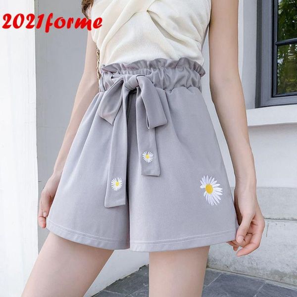 

women's shorts 2021 summer hig waist wide leg embroidery floral skirts fashion woman loose short pants oversize, White;black