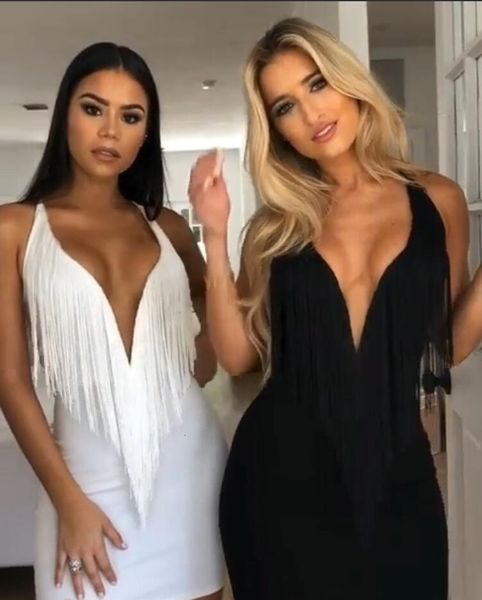 

dress white black v-neck tassel backless rayon bandage evening party cute dress, Black;gray