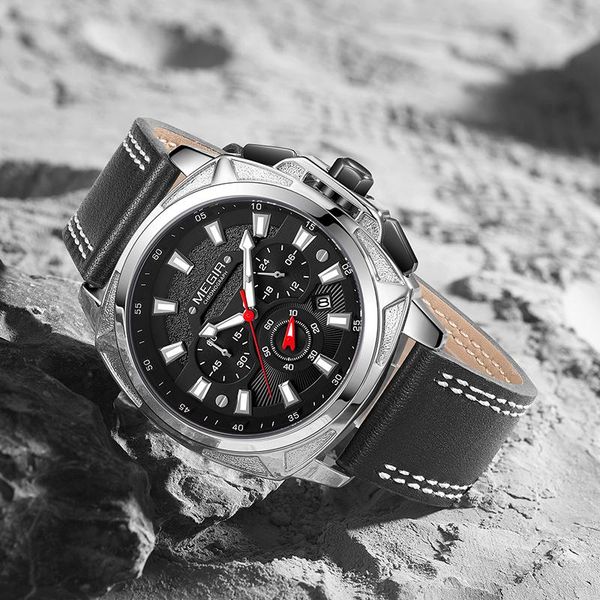 

wristwatches megir mens watches leather business fashion watch men waterproof clock quartz wristwatch relogio masculino, Slivery;brown