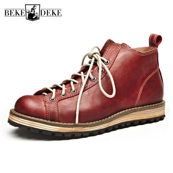 

boots vintage mens round toe genuine leather ankle lace up platform work safety shoes man fleece lining high military, Black