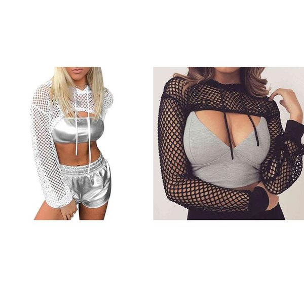 

women's swimwear 2pc long sleeve t shirt women mesh hooded punk rock short crop t-shirt fishnet, white  size & black l, White;black