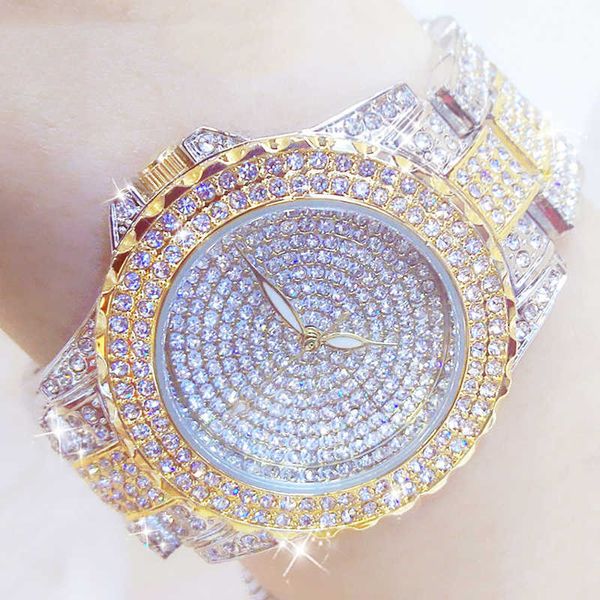 

full diamond watches gold women crystal luxury brand bling wrist watch ladies stainless steel clock relogio feminino 210527, Slivery;brown