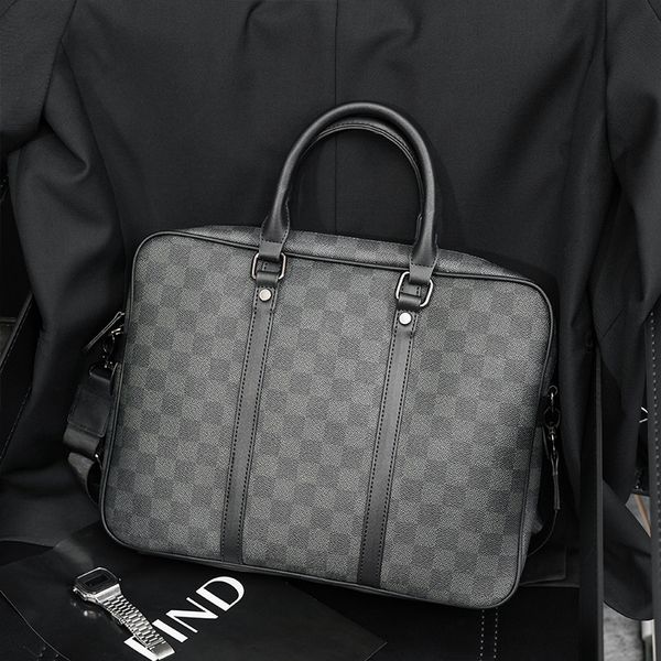 

2021 men's handbag fashion busins old black check shoulder horizontal briefcase