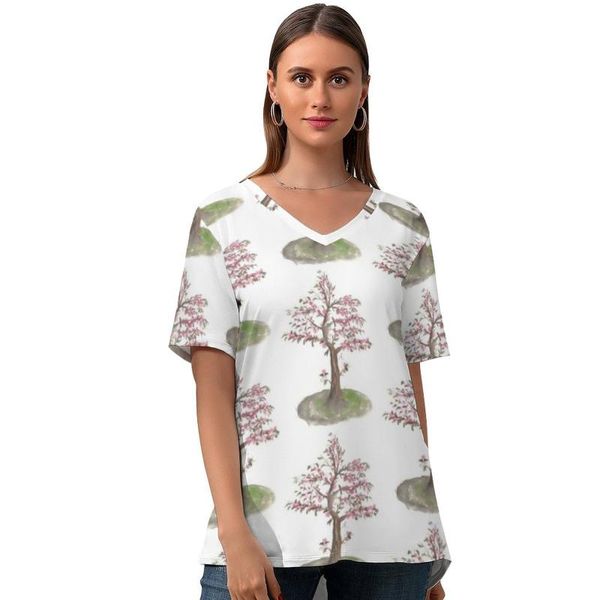 

women's t-shirt bonsai tree lady fashion casual t shirt v neck printed short-sleeve tshirt oversized, White