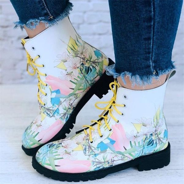 

size 36-43 fashion classic white pu leather flowers print women ankle boots spring autumn female lace up platforms oxford shoes, Black