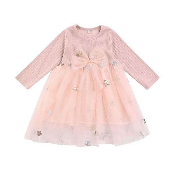 

girl's dresses baby girls long sleeve dress with stitching mesh bow waist sparkling sequins little princess tulle spring costume, Red;yellow