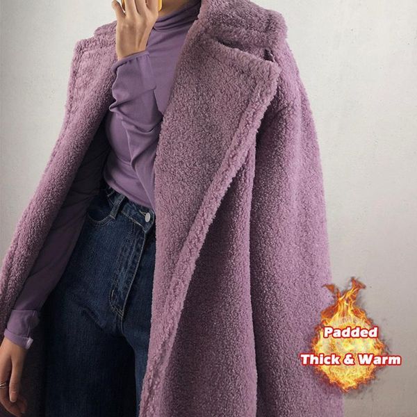 

women's fur & faux women winter warm long purple coat sleeve female thick teddy bear casual loose oversize outwears, Black