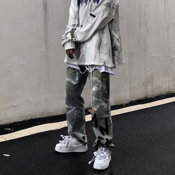 

men's jeans high street graffiti printed trousers autumn 2021 harajuku korean fashion casual loose vintage trend, Blue