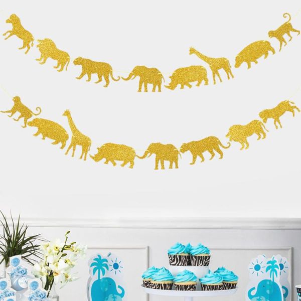 

party decoration 2pcs banner birthday flag jungle animal theme design tiger elephant for kids (golden)