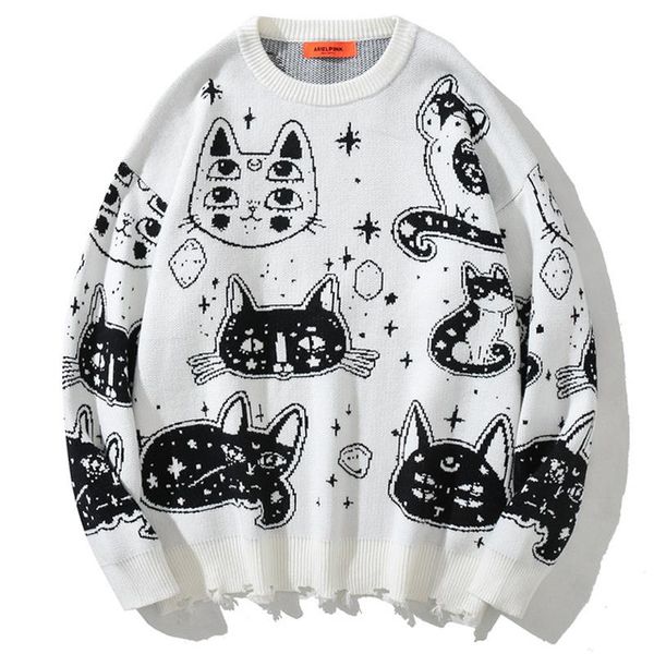 

men's sweaters women harajuku ripped sweater pullover men vintage environmental knit 2021winter retro oversize couple knitwear, White;black