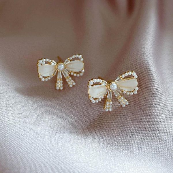 

stud earrings for women 2021 fashion jewelry earings exquisite bow pearl luxury grace charming, Golden;silver