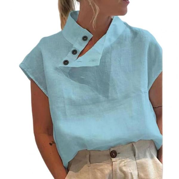 

women's blouses & shirts women blouse sleeveless stand collar skin-friendly solid color side buttons tunic lady, White