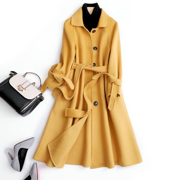 

wool Fashion Autumn Winter Woolen Turn Down Collar Women 100% Wool Jacket Yellow Coat Tops Chaqueta Mujer, Black