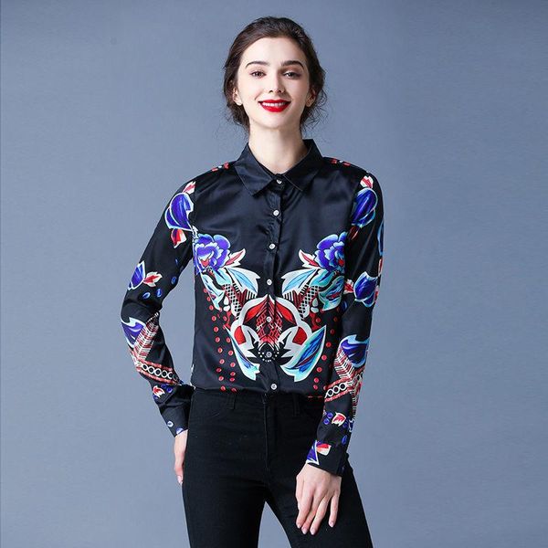 

women's blouses & shirts long sleeve shirt women 2021 style temperament printing blouse fashion all-match lapel black, White