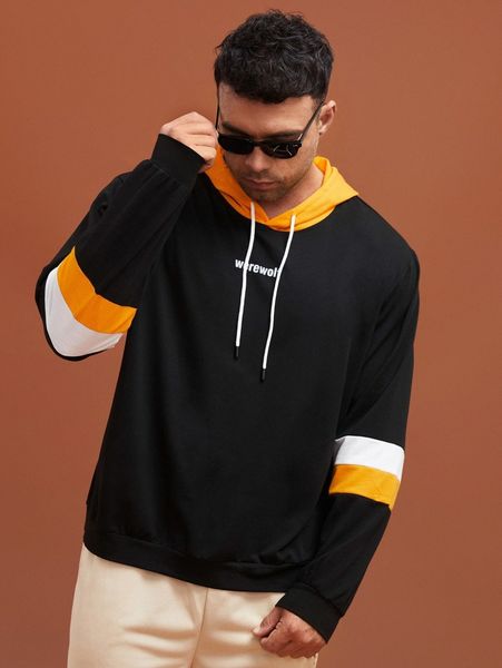 

extended sizes men letter graphic colorblock drawstring hoodie e9sf#, Black
