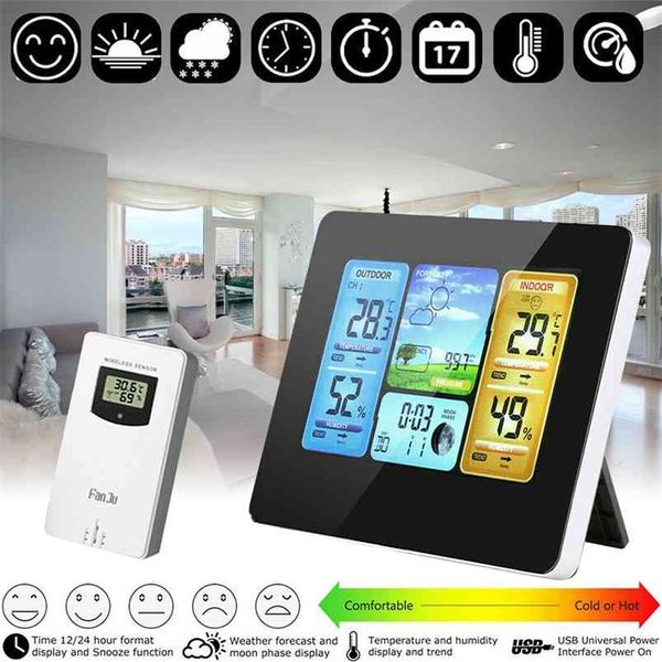 Digital LCD Hygrometer Thermometer drahtloser Sensorwetter Vorhersage Innenstation Außenstation Takt LED Alarm 210804