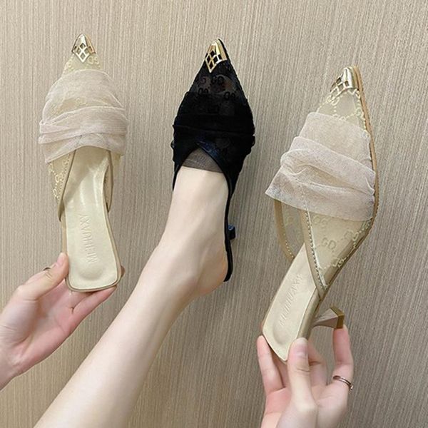 

slippers elegant low heel women summer pointed-toe ladies mesh outside thin heels office shoes beige pumps female shallow, Black