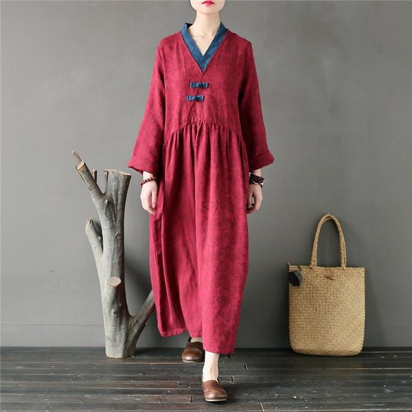 

casual dresses vintage v-neck women loose dress spring autumn ladies patchwork robe maxi long sleeves, Black;gray