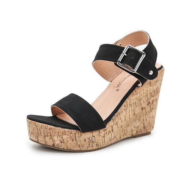 

dress shoes 2021 large size women's sandals round head mouth sandalias pu platform women high heel casual, Black