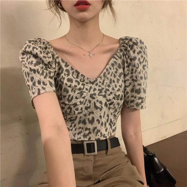 

women's t-shirt chic v-neck leopard t shirts clothing slim summer hipster fashion brand puff sleeve tees ins crop ladies, White