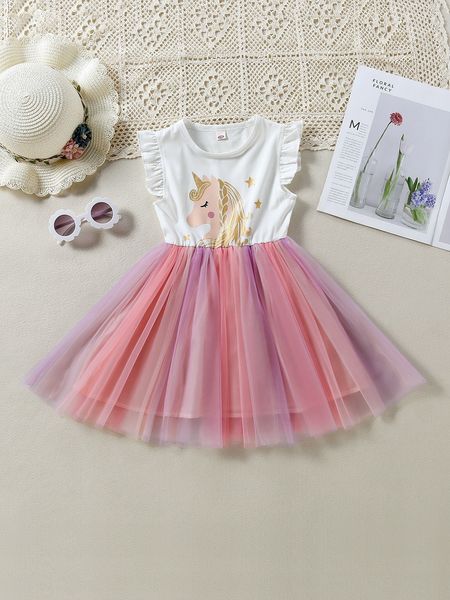 

toddler girls unicorn print ruffle sleeve mesh overlay dress she, Red;yellow