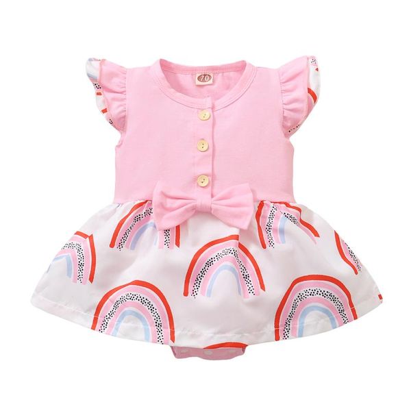 

rompers opperiaya summer casual bodysuit rainbow stitching henley neck ruffled-sleeve jumpsuit skirt for toddler baby girls 0-18 months, Blue