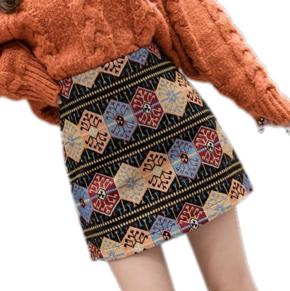 

skirts 2021 est spring summer women folk skirt embroidery bodycon mini wide leg vintage a-line boho saias j3299, Black