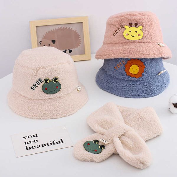

2021 autumn winter korean children's plush hat scarf outdoor fashion thickened warm baby ear protection set, Blue;gray