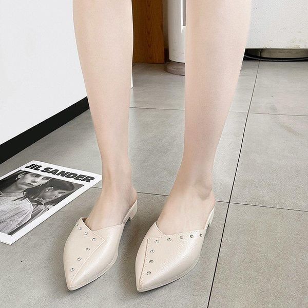 

women's shoes fashion 2021 spring elegant women nude beige pointed toe outside solid pu slipper slides zapatillas mujer slippers, Black