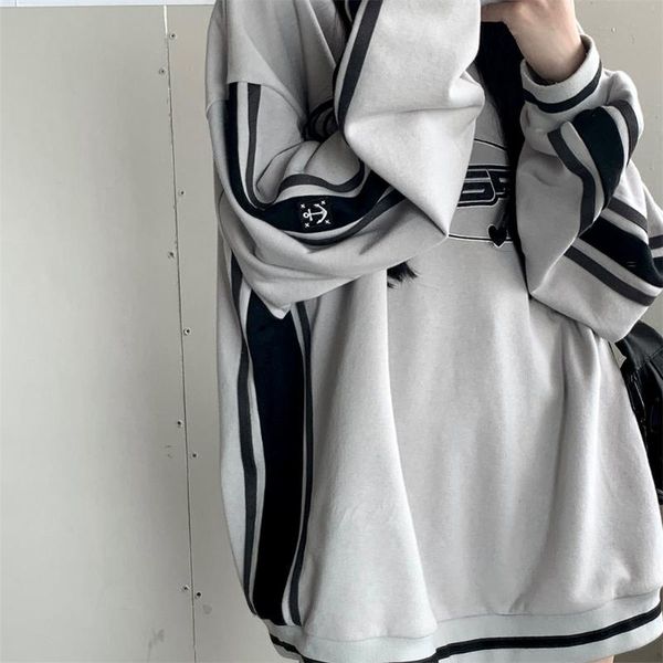 

women's hoodies & sweatshirts 2021 female patchwork letter print hoodie sweatshirt harajuku loose long sleeve women v-neck solid pullov, Black