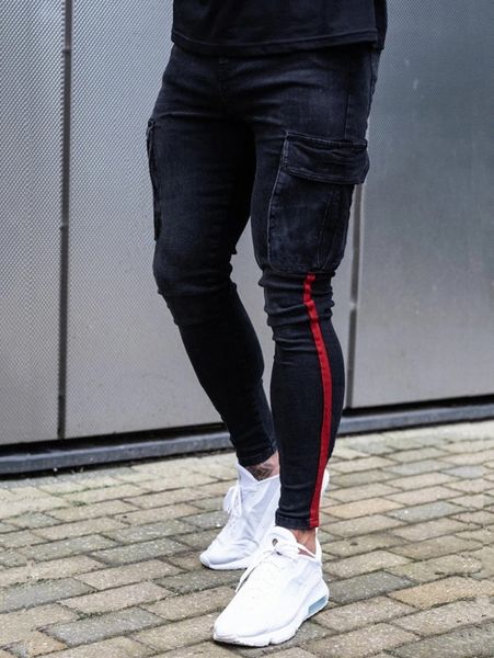 

men contrast tape skinny jeans 347v#, Blue