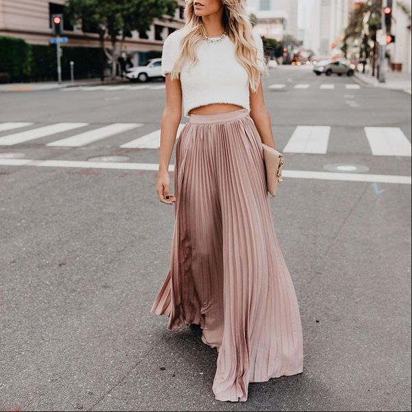 

holiday style womens skirt pleated women skirts ladies solid color elastic high waist autumn spring casual maxi falda larga, Black
