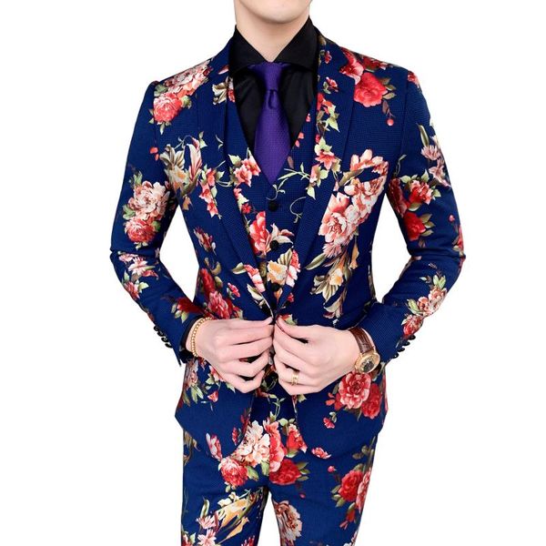 

men's suits bright flowers designer blazer high-end slim banquet party personality gentleman suit three-piece jacket vest pants & blaze, White;black