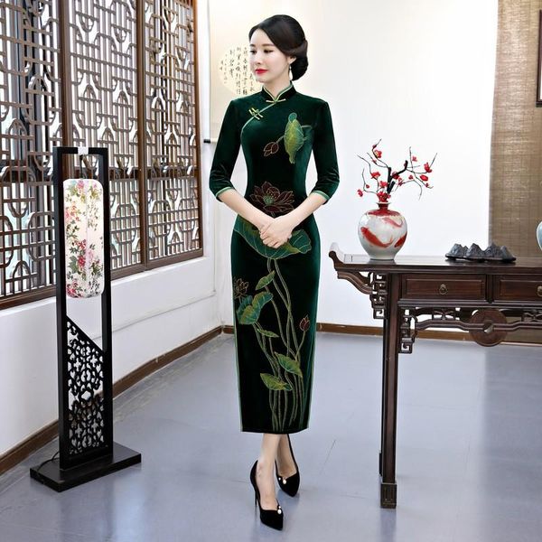 

ethnic clothing vintage print flower velour qipao lady long slim cheongsam chinese prom dress gown autumn big size 3xl-5xl vestidos, Red