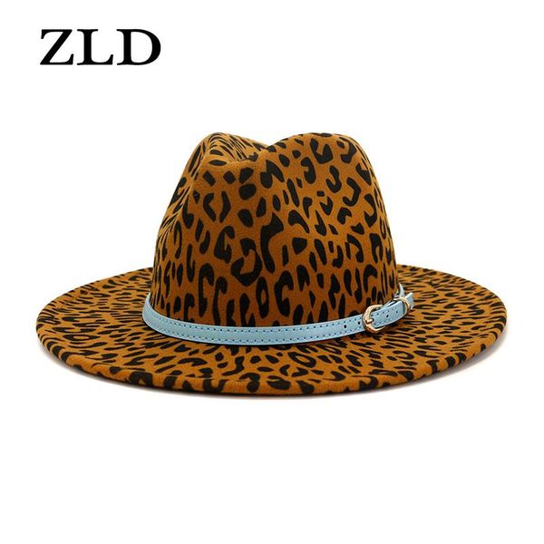 

Winter Fashion Ladies Retro Jazz Hat Belt Buckle Leopard Print Men Cap Autumn Women Outdoor Fedoras Party Caps Wide Brim Hats, Blue;gray
