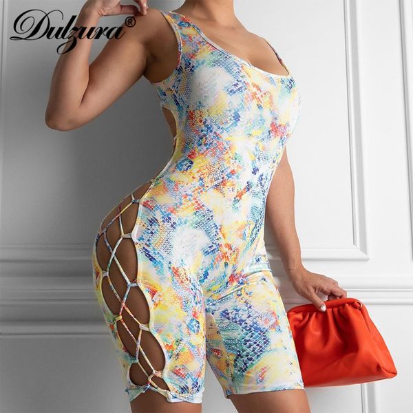 

dulzura tie dye snake print women playsuit strap hollow out bodycon streetwear 2021 summer party club outfit combishort, Black;white