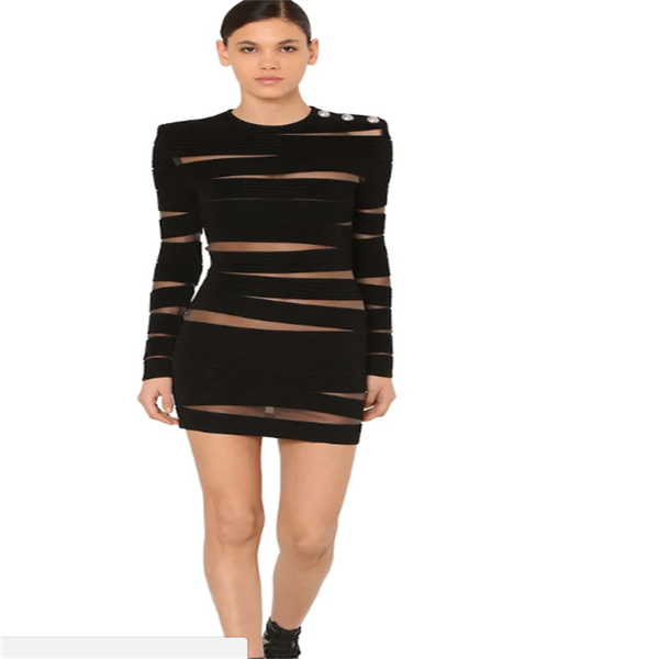

casual dresses 2021 autumn black silver buckle winding hollow long sleeve round neck mini bandage dress, Black;gray