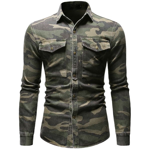 

camouflage denim shirt for man spring autumn army green long sleeved loose jeans shirts men's blouse, White;black