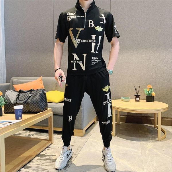 

men's tracksuits 2021 summer drill ice silk suit men korean fashion handsome sports leisure clothes, Gray