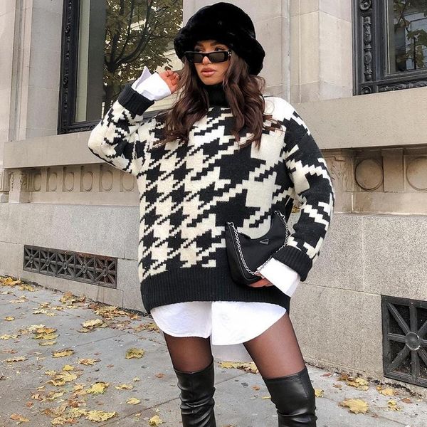 

warm argyle turtleneck sweater houndstooth knitted pullover autumn winter long sleeve casual oversize, White;black