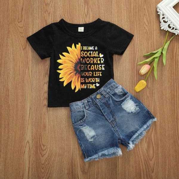 

summer toddler kid baby girl sunflower shirt + jeans shorts pants outfits clothes 1-6t clothing sets, White