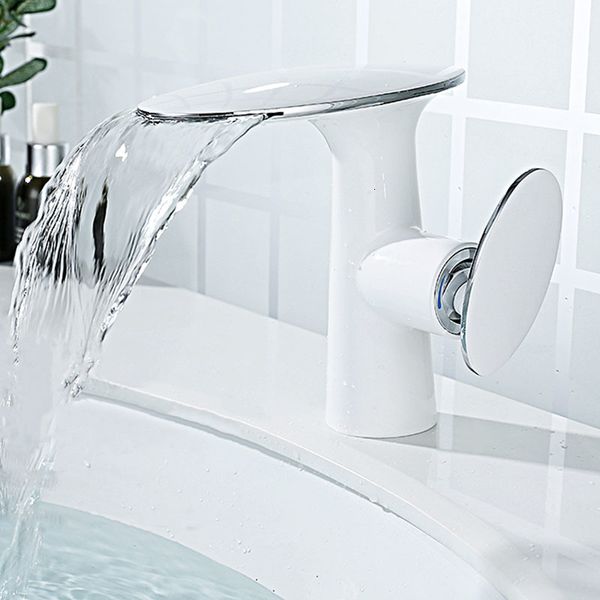

bathroom sink faucets waterfall brass basin single hole deck mounted cold and mixer tap white/chrome bath washbasin 6n0q